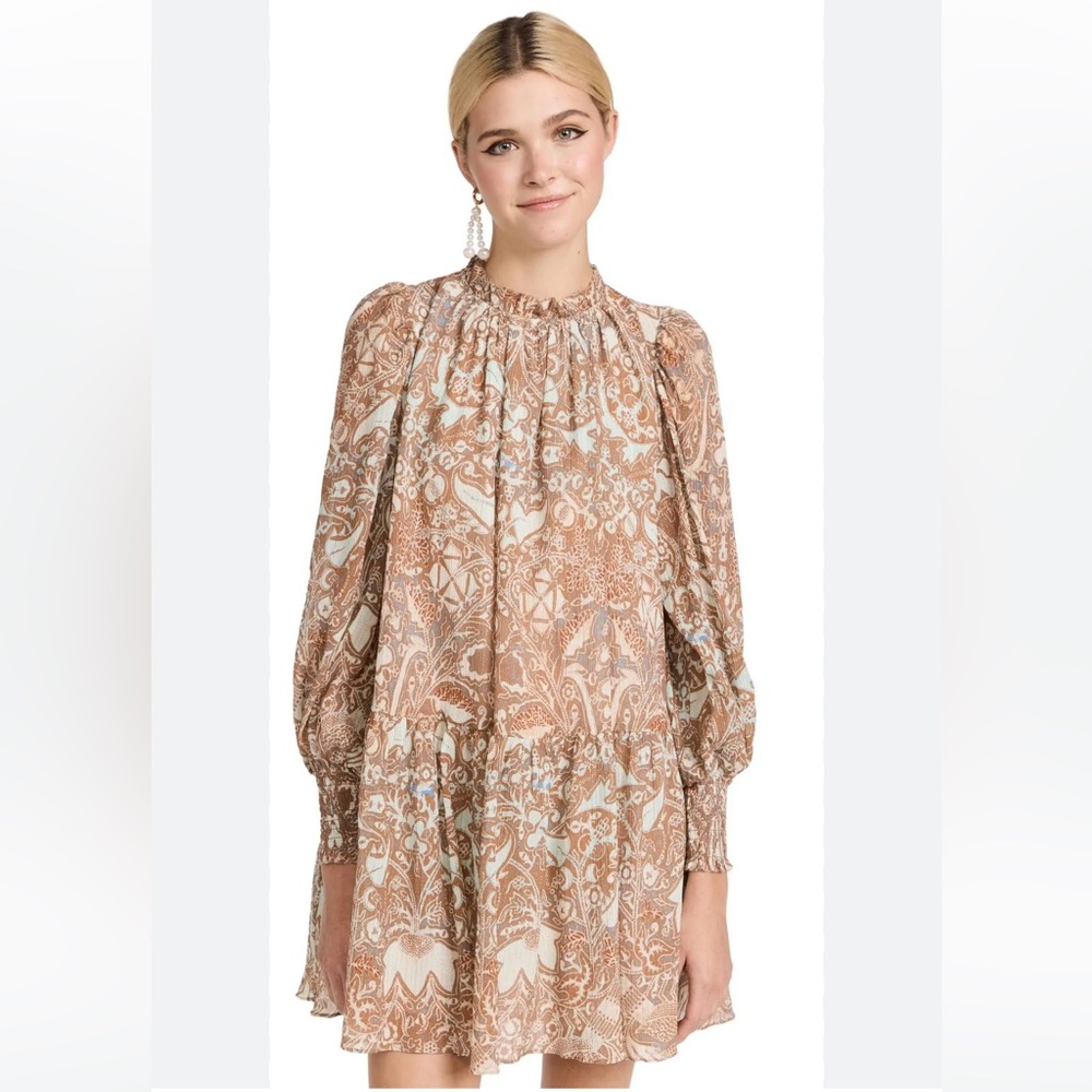 Ulla Johnson Maja Dropped Waist Cotton-Blend Mini Dress Women’s Brown Size 14 - Picture 2 of 10